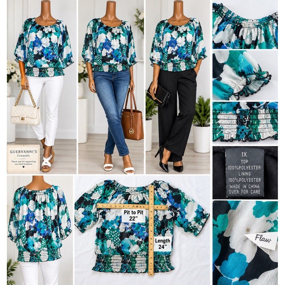 AB Studio Womens Plus 1X Blouse Floral Pleasant Smocked Hem 3/4 Sleeve Boho